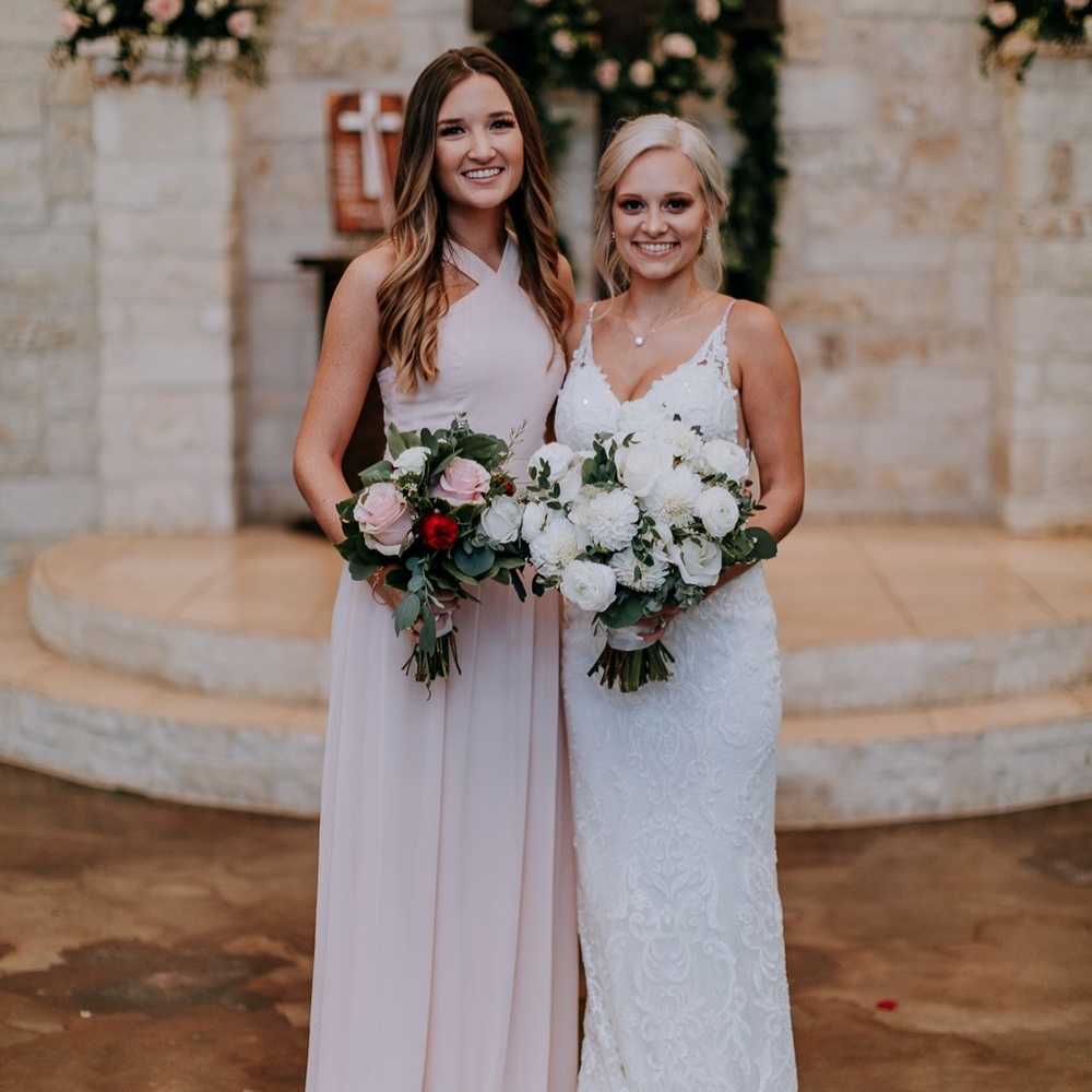 Blush BRIDESMAIDS DRESS WITH HALTER STYLE NECK. LULUS